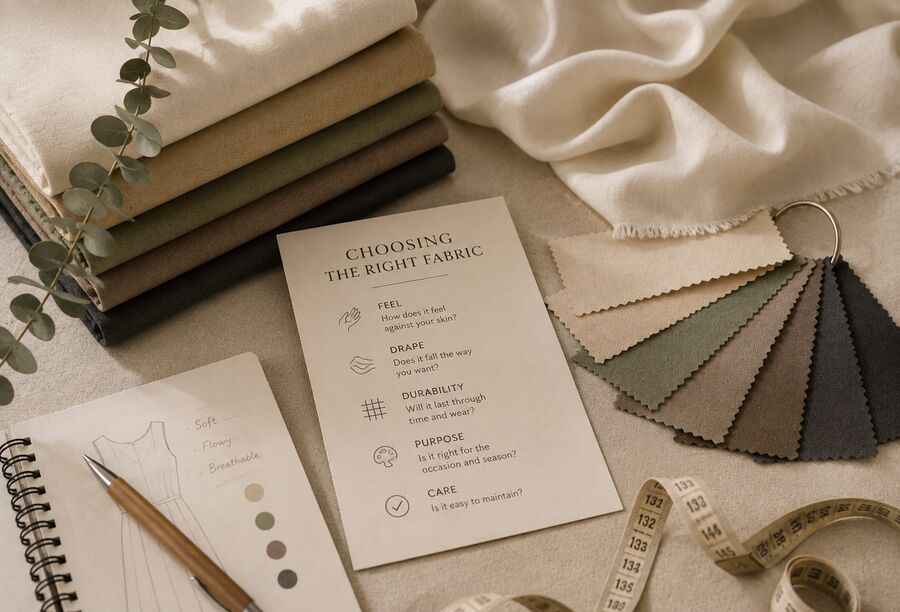 Fabric swatches, tape measure and notebook laid out with a checklist for choosing the right fabric