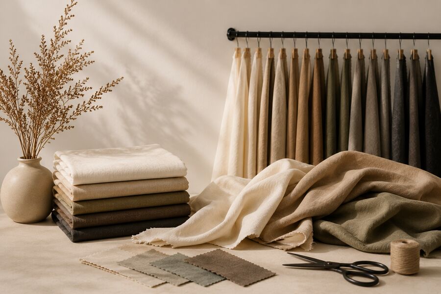 Folded stack of natural fabric rolls in cream, tan and olive tones